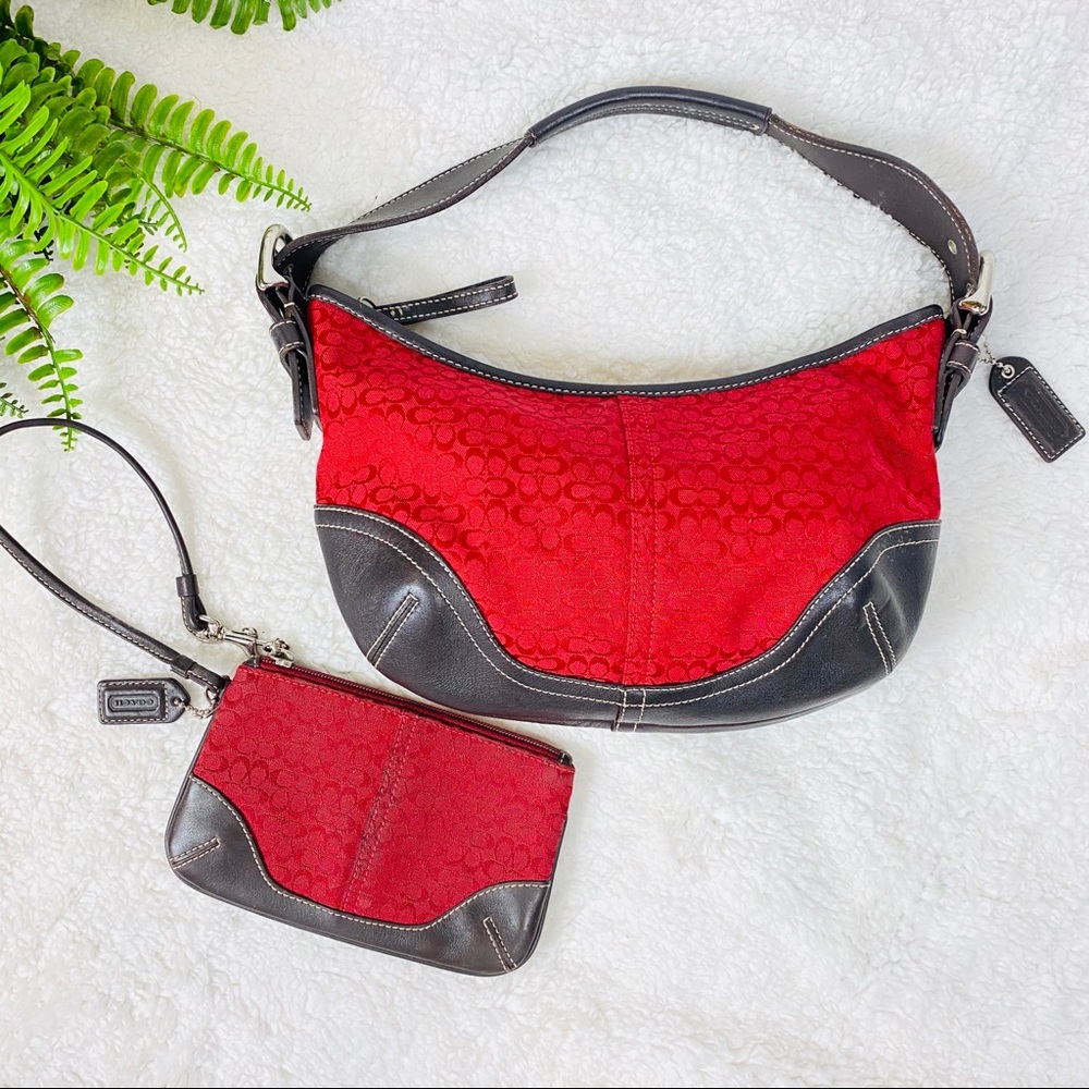 Coach Signature Red Jacquard Handbag & Wristlet